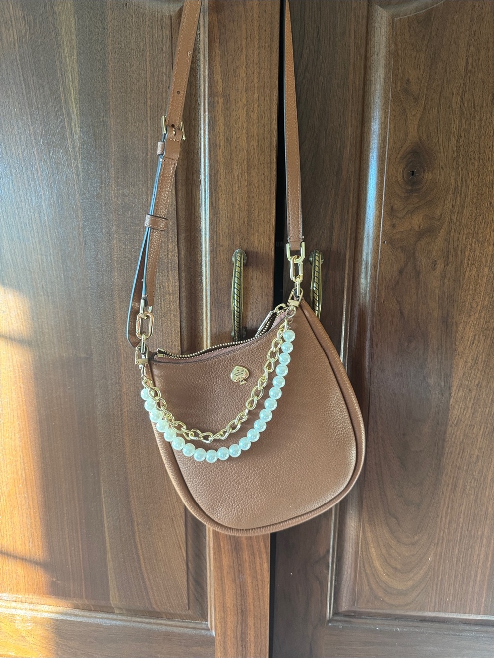 kate spade Tan Pebble Leather Crossbody with Gold Chain and Pearl Accent